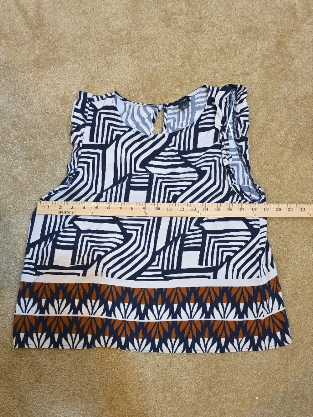 Halogen‎ Navy, White & Brown Geometric Ruffle Shell Sz Large - Picture 5 of 6